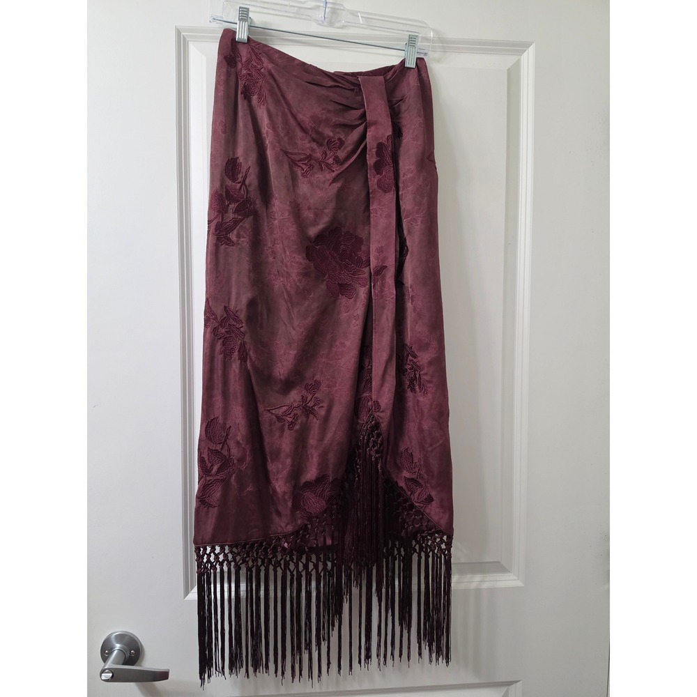 Zara Limited Edition Burgundy Floral Embroidered Fringe Midi Skirt Small NWT